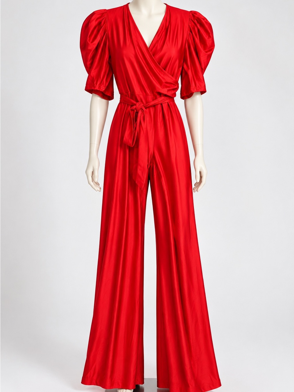 Red Satin Like Jumpsuit Puff Sleeve Wide Leg Belted M